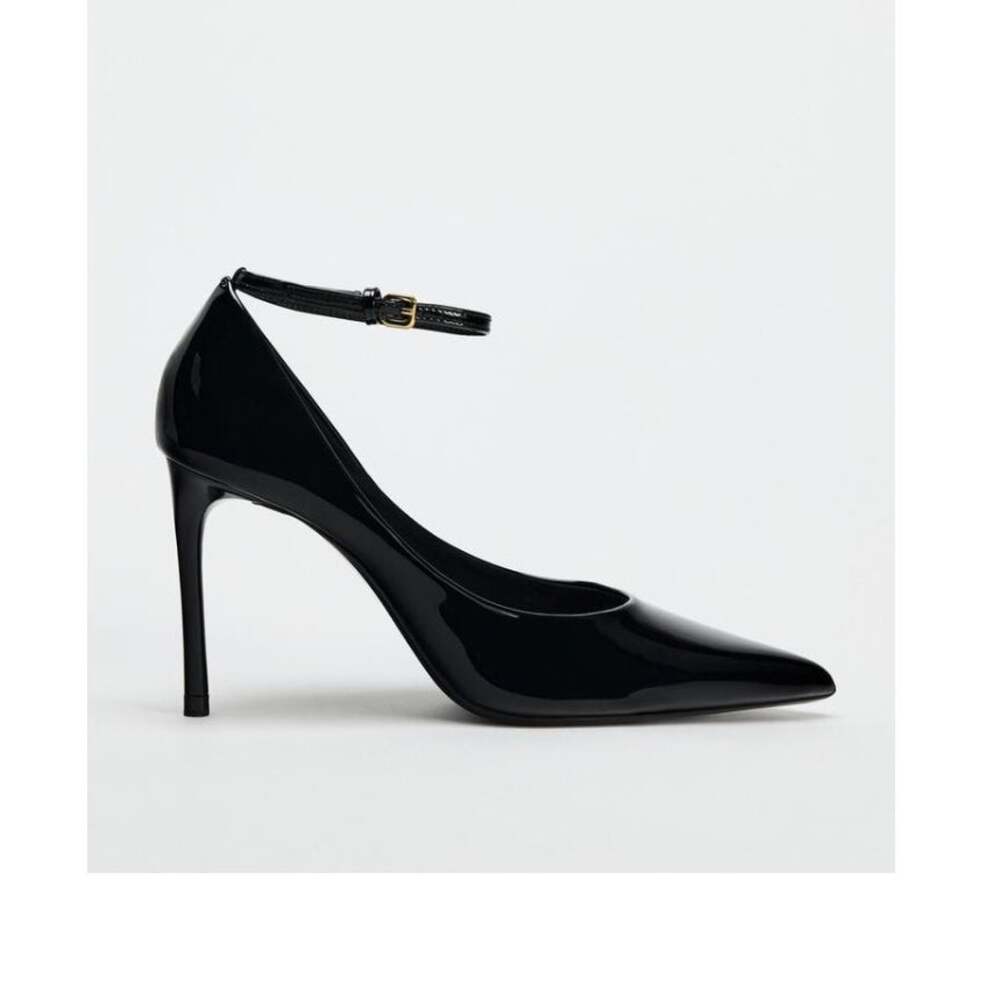 Zara Faux Patent Leather Black Pointed Toe Ankle Strap Heels Womens Size 9 NWT